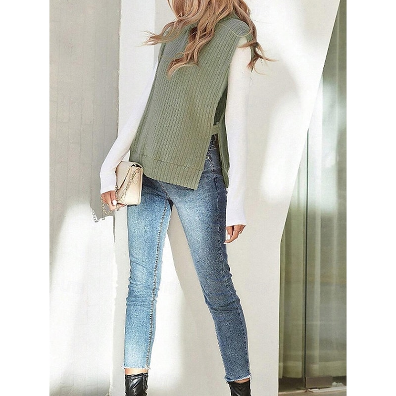 Women's Sweater Vest Casual Soft Solid Color Ribbed Turtleneck Split Knitted Sleeveless Regular Tops Knit Outdoor Daily Weekend Light Green Khaki Fall Winter 5