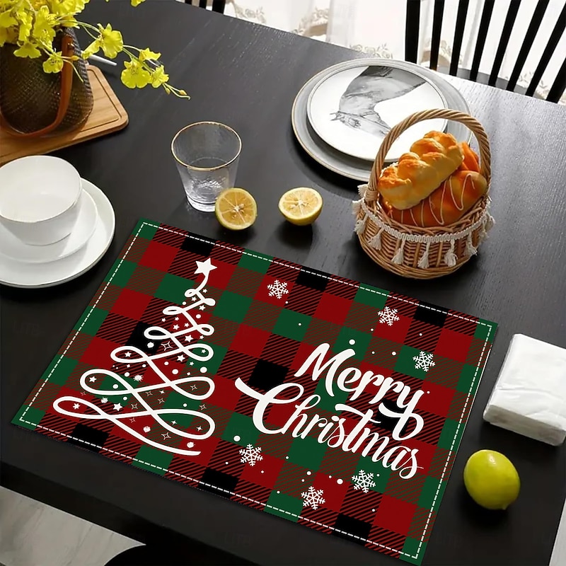 4 pcs Christmas Linen Placemats, Winter Santa Claus Letter Printed Table Mat, Christmas Restaurant White Linen Placemats, Living Room Dining Table Decoration, Insulated Table Mat2