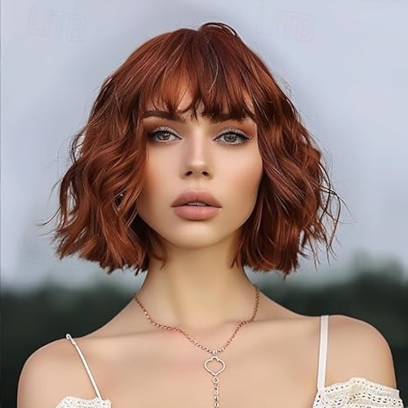 Wigs for Women Short Wavy Bob Wig with Bangs Medium Lenth Synthetic Hair for Daily Party3
