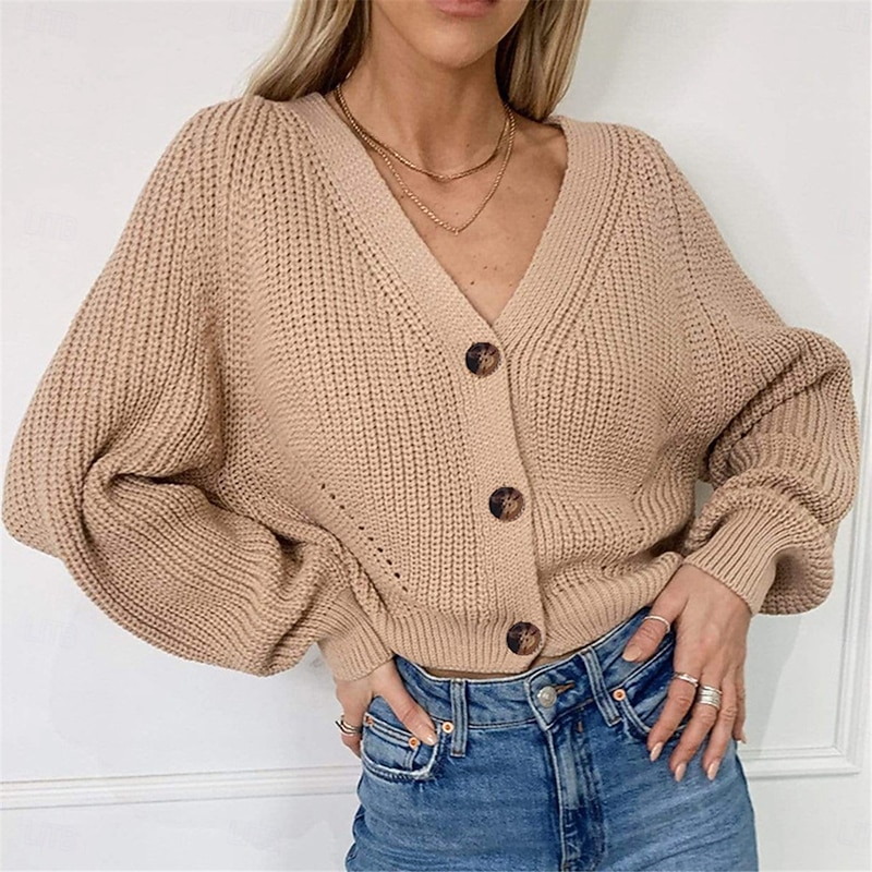 Women's Sweater Cardigan Casual Soft Pure Color Ribbed V Neck Buttons Knitted Long Sleeve Regular Tops Knit Outdoor Daily Weekend Black Khaki Fall Winter2