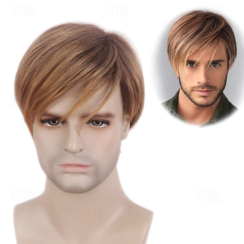 Synthetic Wig Straight With Bangs Wig Short Brown Blonde Synthetic Hair Men's Blonde Brown2