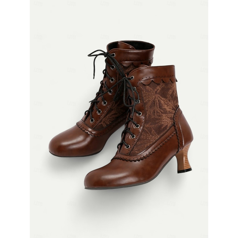 Women's Brown Lace-Up Victorian Ankle Boots with Lace Design and Kitten Heel – Vintage Style for Cosplay or Everyday Wear3