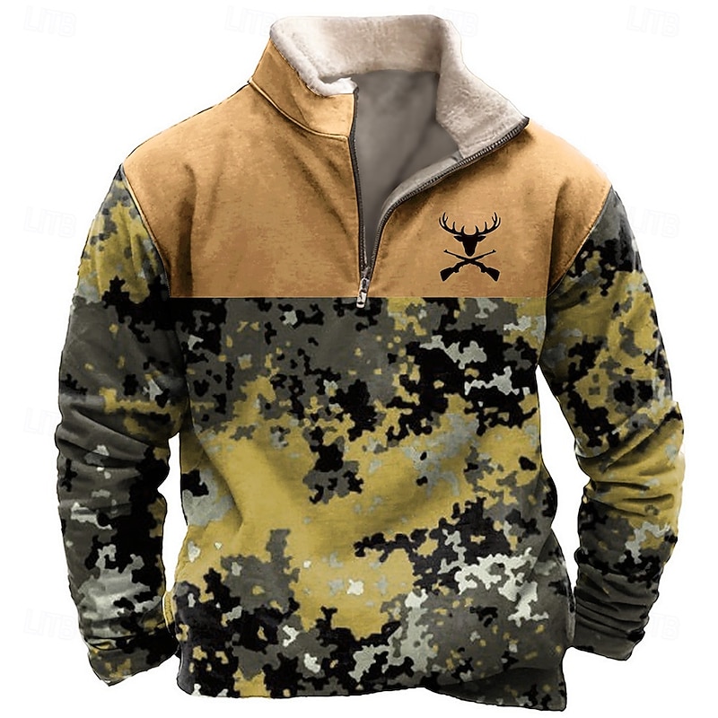 Men's Camo / Camouflage Cowboy Sweatshirt Quarter Zip Sweatshirt Long Sleeve Sweatshirt Stand Collar Quarter Zip Casual Vintage Retro 3D Print Vacation Going out Streetwear Half Zip Fall Winter2