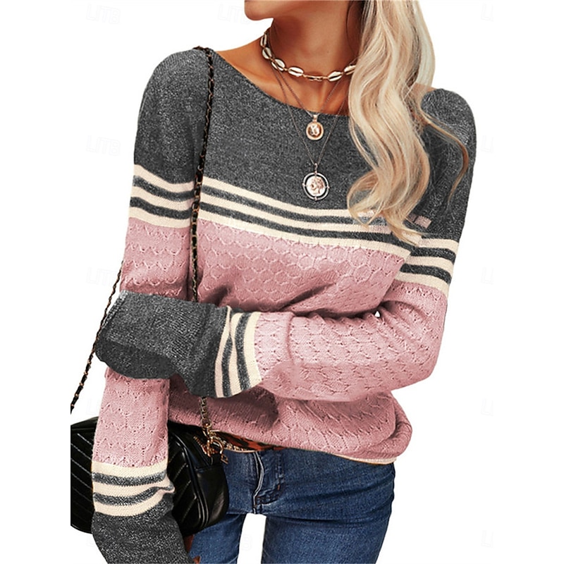 Women's Sweater Pullover Sweater Jumper Casual Soft Striped Ribbed Crew Neck Patchwork Knitted Long Sleeve Regular Tops Knit Outdoor Daily Weekend Pink Orange Fall Winter3