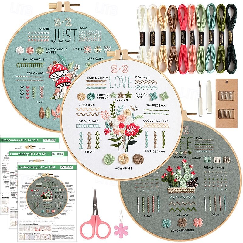 3 Sets Embroidery Kit for Beginners Adults,Easy to Learn 33 Different Stitches DIY Kits,Needlepoint Kits for Adult Hand Crafts Includes Stamped Flower Pattern,Instruction,Hoop,Threads,Tools