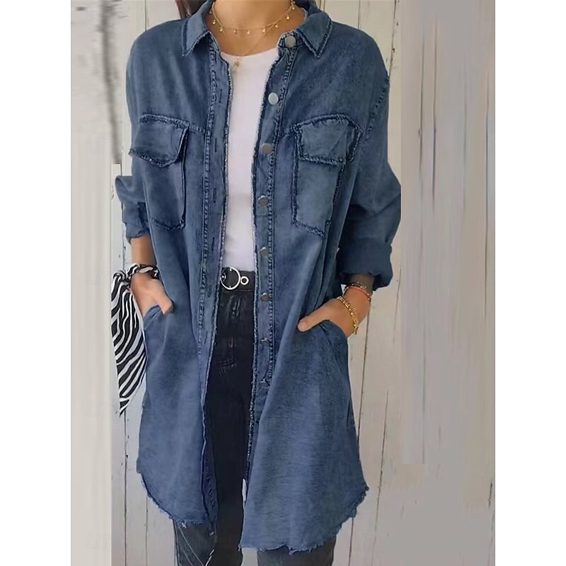 Women's Denim Jacket Outdoor Street Daily Wear Fall Winter Long Coat Regular Fit Thermal Warm Breathable Stylish Casual Jacket Long Sleeve Solid Color with Pockets Light Blue Navy Blue Dark Gray 5