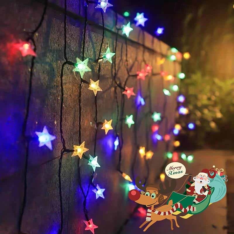 12M-100Leds/22M-200Leds Outdoor Solar Pentagram Christmas Decorative Light String Courtyard Balcony Fence Garden Festival Party Atmosphere Decorative Light String2
