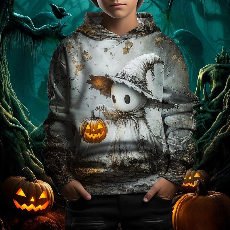 Boys 3D Graphic Pumpkin Ghost Hoodie Long Sleeve Spring Fall Fashion Streetwear Kids 4-12 Years Hooded Outdoor Casual Daily Regular Fit2