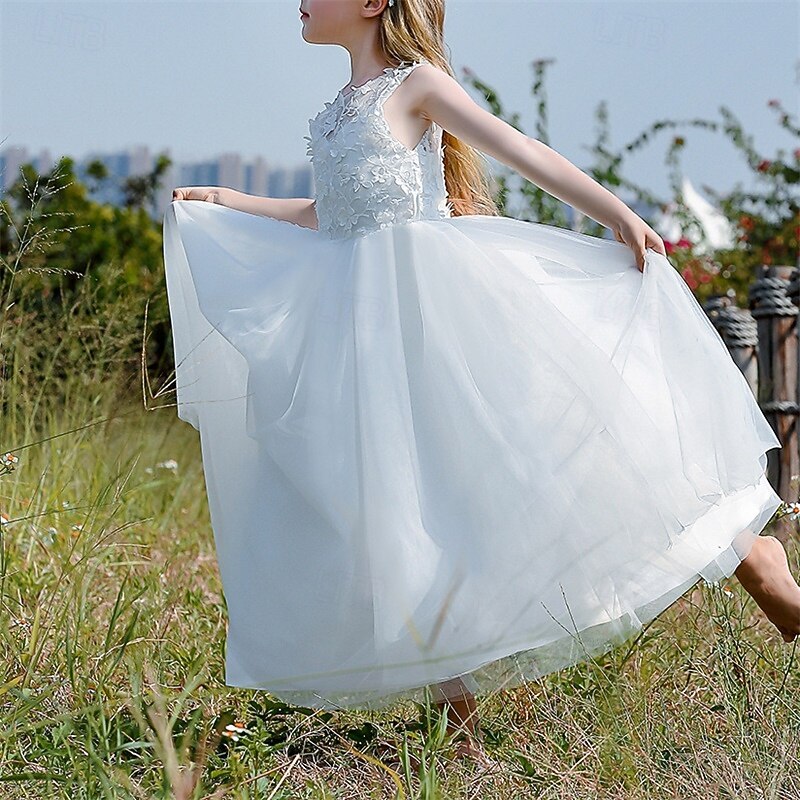 Kids Girls' Flower Girl Dress Party Dress Solid Color Sleeveless Performance Wedding Party Mesh Backless Patchwork Beautiful Sweet Polyester Maxi Party Dress Swing Dress Tulle Dress Spring Fall 4-123