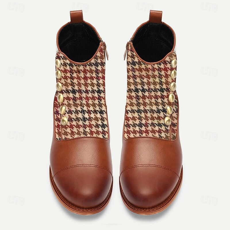 Men's Vintage Houndstooth Ankle Boots with Faux Leather Accents and Decorative Buttons – Stylish Formal Boots for Fall and Winter 6