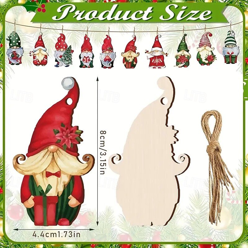 30pcs Vintage Gnome Wooden Ornaments Set - Handmade Christmas Elf and Santa Figurines, Wooden Hanging Crafts for Xmas Tree, Holiday Party Decor3