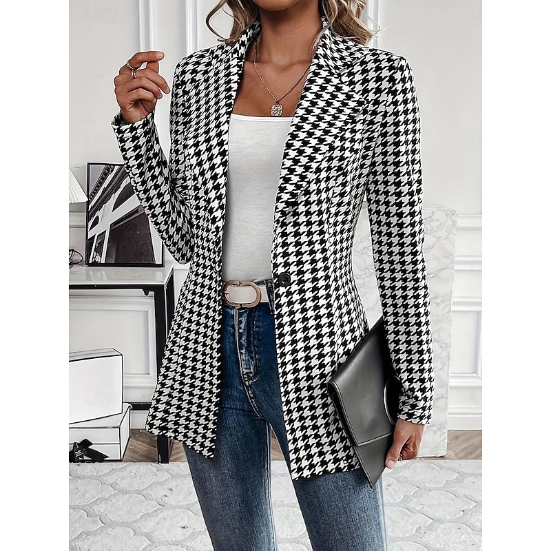 Women's Blazer Outdoor Print Check Breathable Stylish Regular Fit Outerwear Long Sleeve Fall Black S2