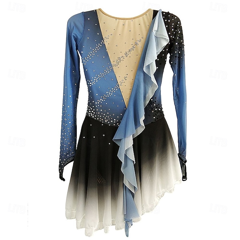 Girls Ice Figure Skating Dress Women's BLue Black Gradient Spandex High Elasticity Training Competition Skating Wear Handmade Crystal / Rhinestone Gradient Color Long Sleeve Ice Skating2