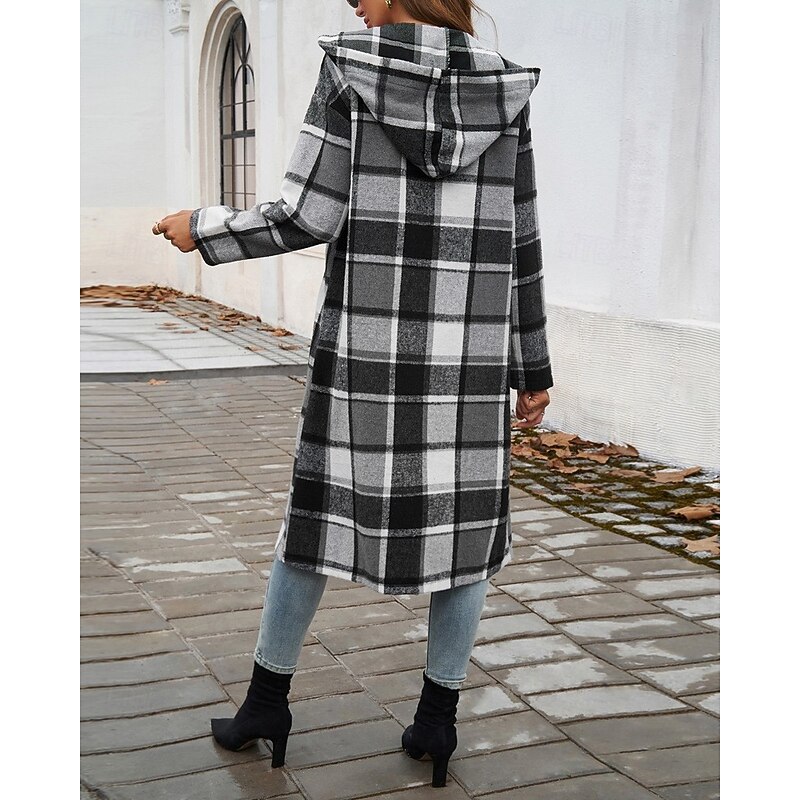 Women's Coat Warm Comfortable Buttons Print Casual Lattice Casual Daily Single Breasted Collarless Regular Fit Long Sleeve Outerwear Black Red Green Fall Winter2