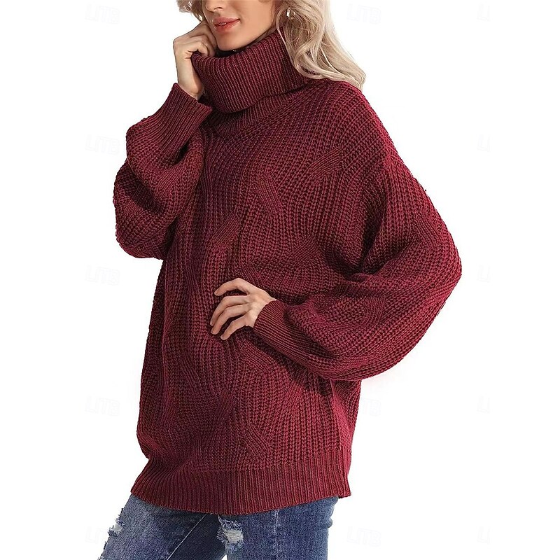 Women's Sweater Pullover Sweater Jumper Casual Soft Pure Color Ribbed Turtleneck Knitted Long Sleeve Regular Tops Knit Outdoor Daily Weekend Wine Blue Fall Winter4