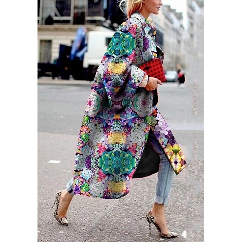 Women's Blazer Office Work Street Fall Winter Long Coat Loose Fit Thermal Warm Comtemporary Stylish Casual Jacket Long Sleeve Print Floral Print Red Blue Green2