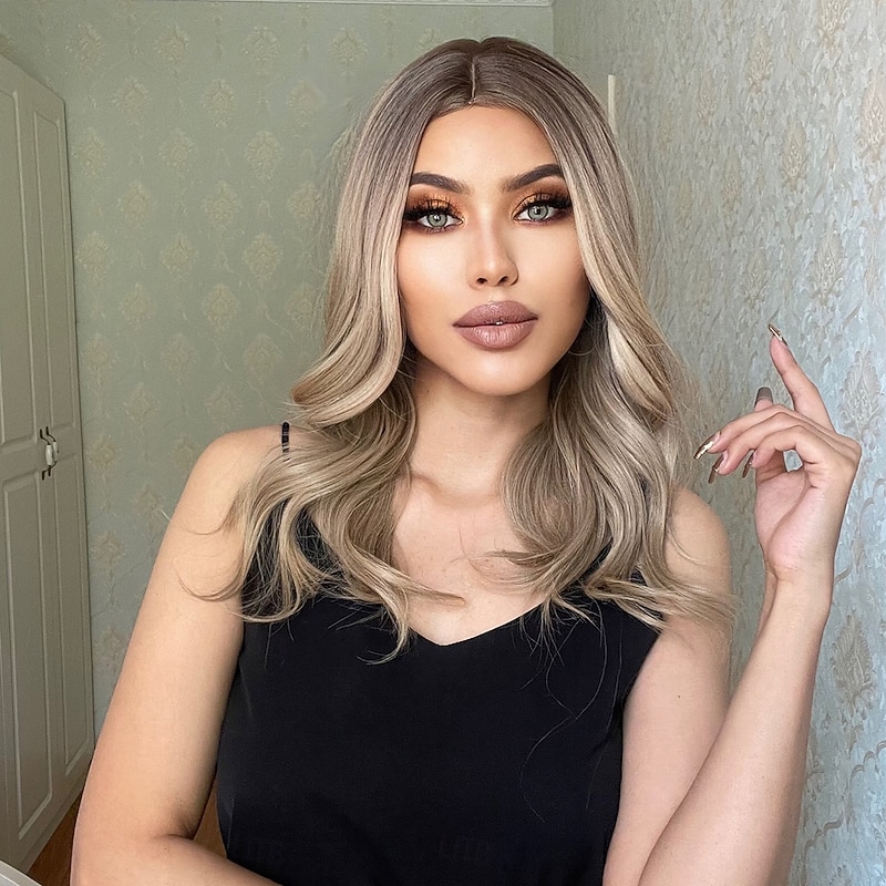 Synthetic Wig Uniforms Career Costumes Princess Curly Wavy Middle Part Layered Haircut Machine Made Wig 20 inch Black / Gold Synthetic Hair Women's Cosplay Party Fashion Black / Blonde3