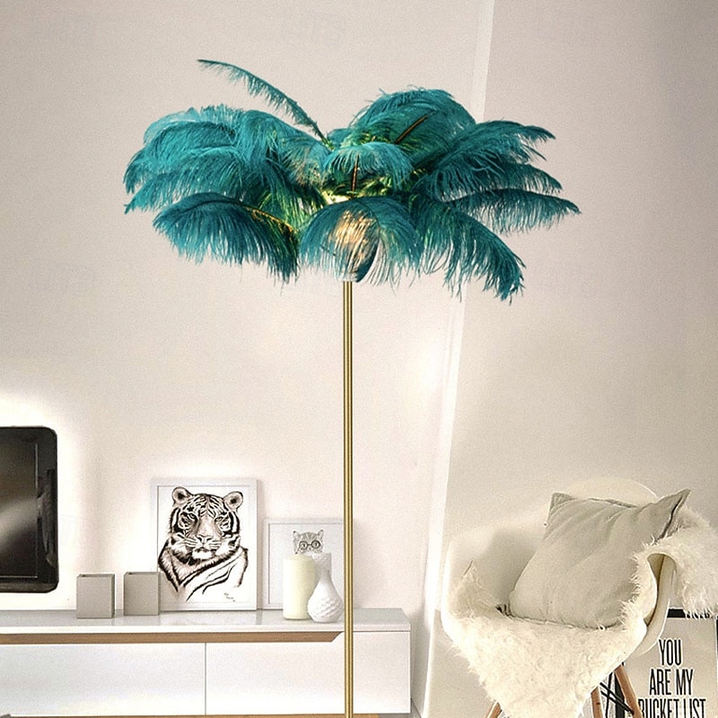 Feather Floor Lamp Feather LED Floor Lamp Iron Art Creative Nordic Bedroom Bathroom Living Room Wedding Study Floor Lamp Floor Lamp Home Decoration with Round Metal Base