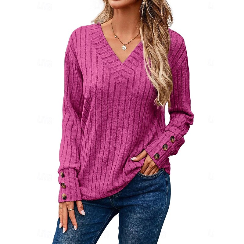 Women's Shirt Blouse Solid Color Basic Casual Long Sleeve V Neck Regular Tops Daily Buttons Black Fuchsia Brown Gray Fall Winter3