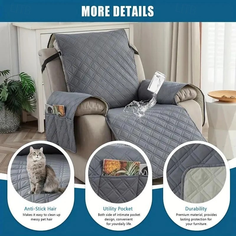 100% Waterproof Recliner Covers, Non Slip Covers for Recliner Chair with Pocket, Washable Reclining Chair Quilted Furniture Protector for Kids, Pets4