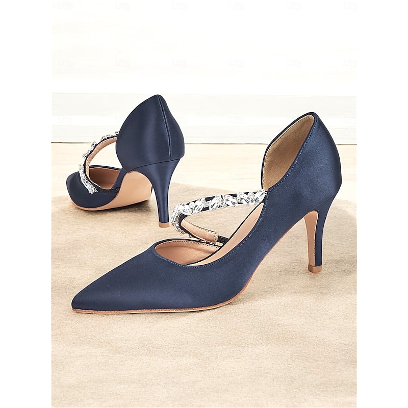 Women's Rhinestone Embellished Satin Heels - Elegant Pointed-Toe Pumps for Formal Events and Weddings