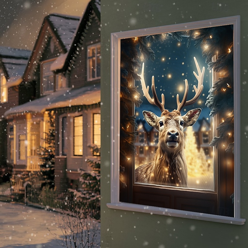 Christmas Window Cover Decorations, Fabric Reindeer Gift Festive Curtain Movie Poster Window Door Covering Decor for Farmhouse House, Happy Christmas Window Clings Decals Indoor Outdoor