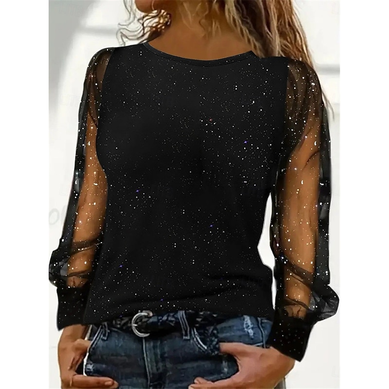 Women's Sequin Sparkly Party Glitter Plain Fashion Modern Casual Long Sleeve Crew Neck Regular Tops Daily Weekend Patchwork Mesh Black Wine Blue Fall Winter