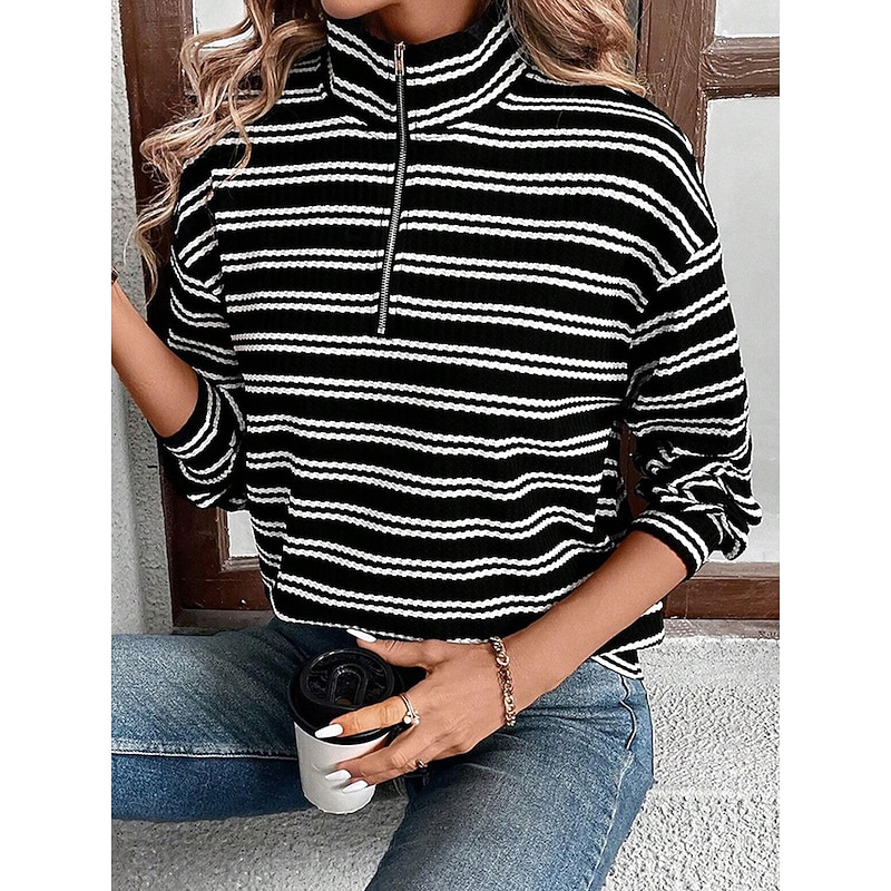 Women's Shirt Blouse Striped Casual Long Sleeve Shirt Collar Regular Tops Daily Zipper Print Black Fall Winter 6
