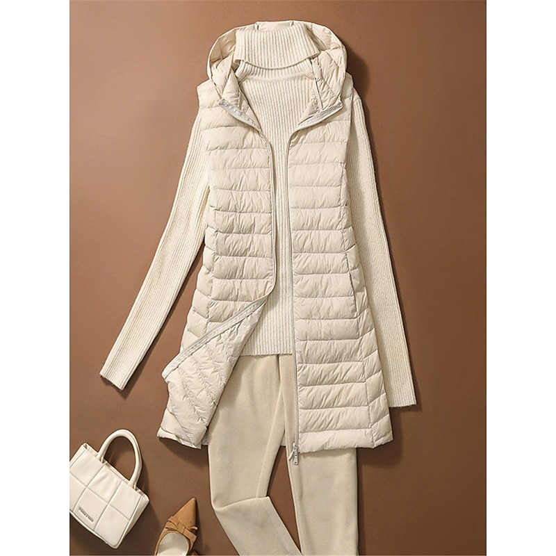 Women's Puffer Vest Warm Breathable Zipper Pocket Casual Plain Vacation Street Daily Wear Going out Zipper Long Hoodie Regular Fit Sleeveless Outerwear Black Pink Beige Fall Winter2
