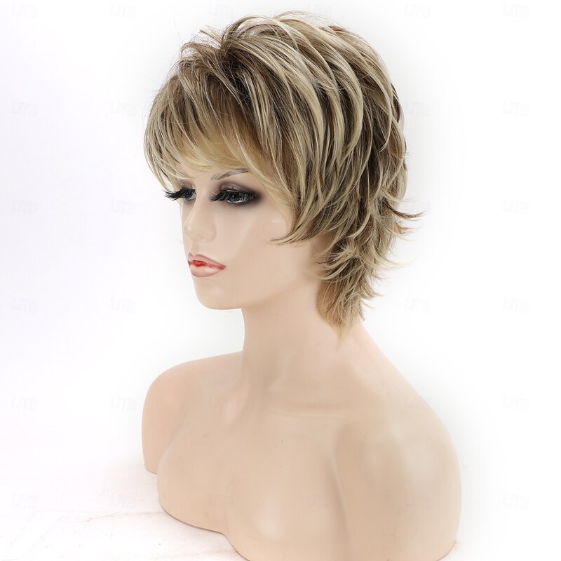 Short Brown Mixed Blonde Highlight Pixie Cut Wigs with Bangs Synthetic Layered Wigs for Women Natural Hair Replacement Wigs2