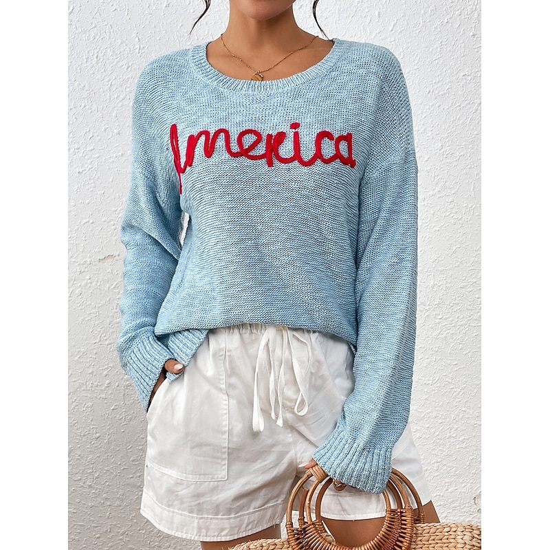 Women's Sweater Pullover Sweater Jumper Crew Neck Ribbed Knit Knitted Fall Winter Outdoor Daily Weekend Casual Soft Long Sleeve Letter White Red4