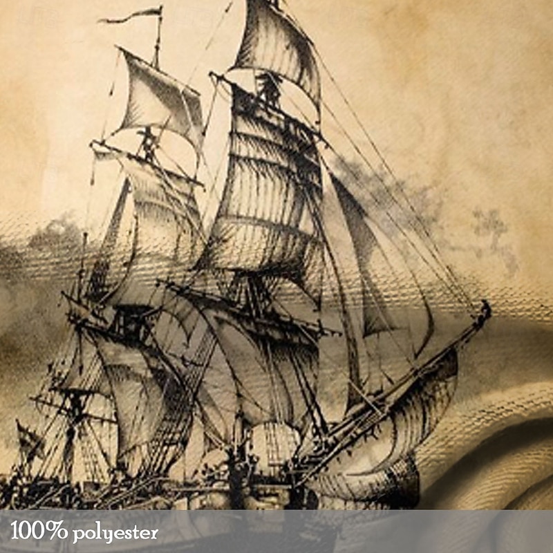 Men's Ship T Shirt Henley Shirt Long Sleeve 3D Print Retro Vintage Casual Vacation Daily Going out Summer Khaki Henley Henley T-Shirt3