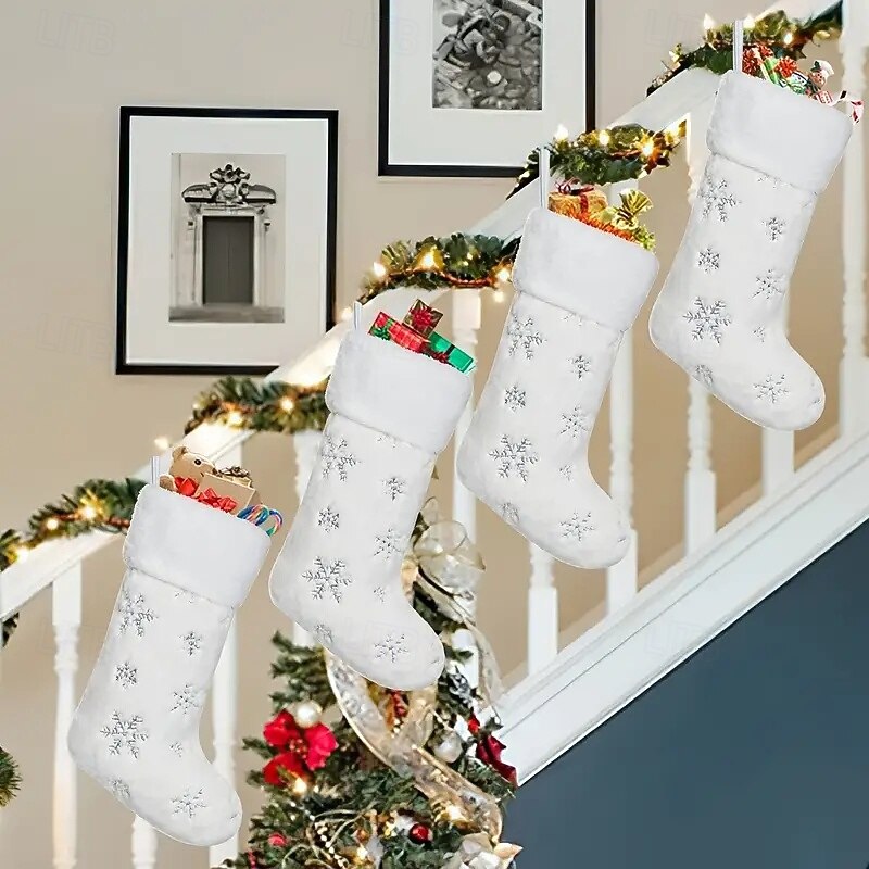 4pcs Christmas Stockings 20 Inch Cream White Faux Fur Xmas Stockings With Silver Sequin Snowflakes Super Soft Thick Plush Xmas Stockings For Christmas Decoration Holiday Decor3