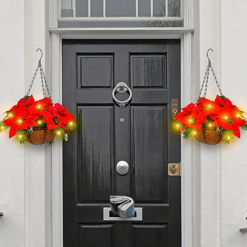 Artificial Poinsettia Christmas Hanging Basket, Pre Lit Faux Artificial Hanging Flowers in Basket, Christmas Red Fake Silk Plant Pot Planter with LED for Garden Yard Holiday New Year(red)4
