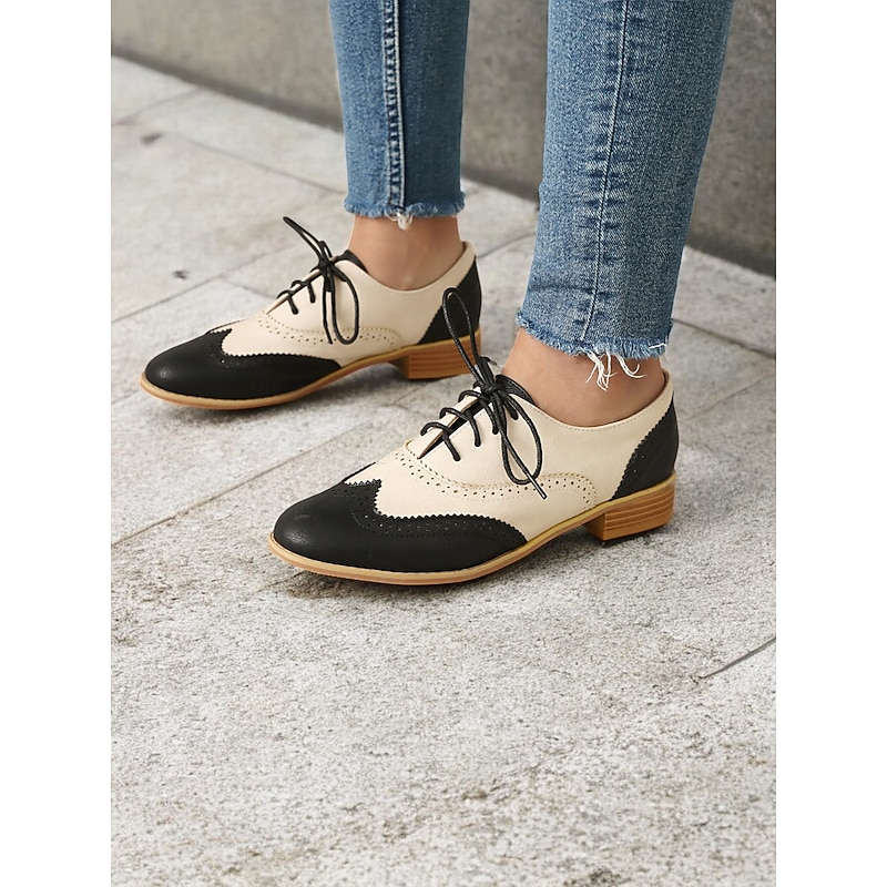 Women's Two-Tone Oxford Shoes - Black and White Vintage Lace-Up Brogues with Low Heel for Retro Casual and Formal Wear3