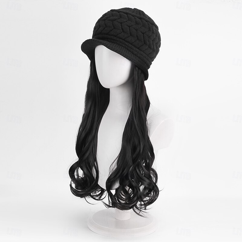Hat Wig Beanie Hat with Hair Long Wavy Extensions Knit Pom Pom Hat  for Women Winter Black4