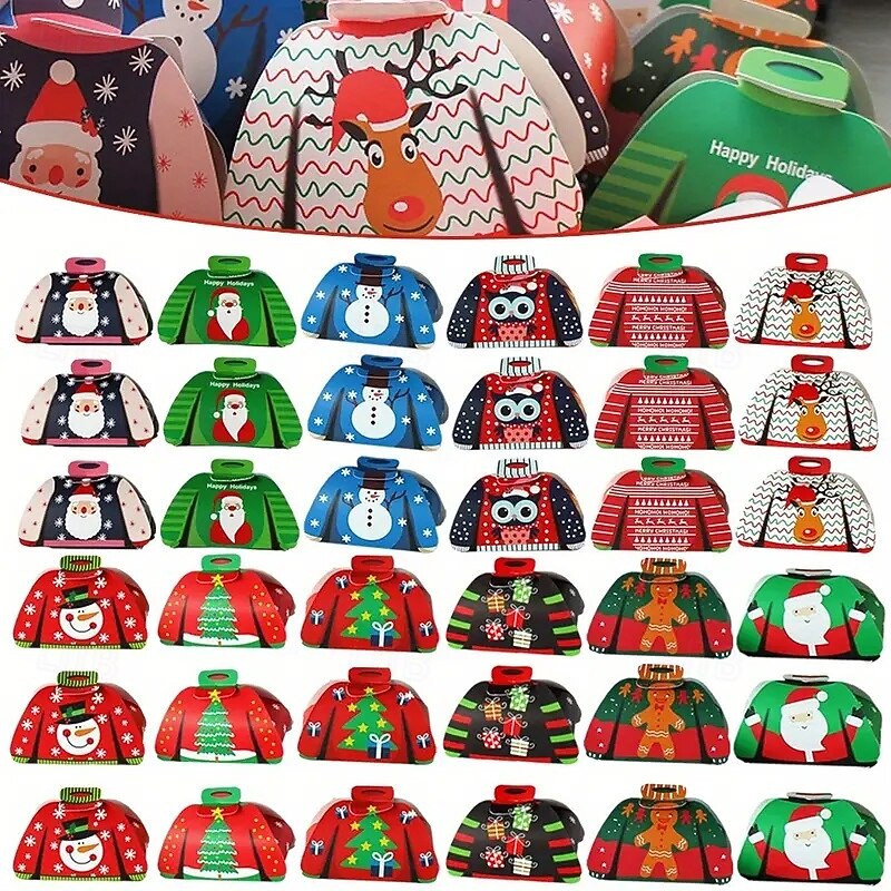 48 Pcs Christmas Ugly Sweater Treat Boxes with Handle Christmas Tree Santa Claus Snowman Gingerbread Goodies Candy Gift Paper Boxes for Christmas Gifts