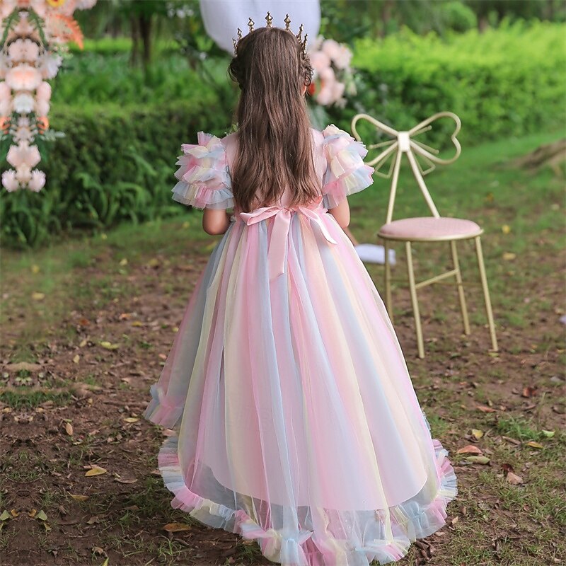 Kids Girls' Cosplay Dress Party Dress Solid Color Rainbow Short Sleeve Performance Christmas Mesh Backless Patchwork Beautiful Sweet Polyester Maxi Party Dress Swing Dress Tulle Dress Winter 4-123