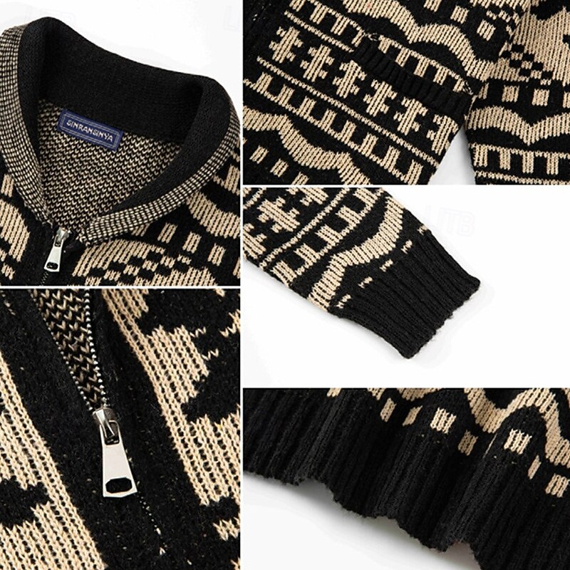 Men's Jacquard Sweater Cardigan Sweater Cropped  Sweater Knit Sweater Ribbed Crochet Knit Regular Knitted Jacquard Rhombus Standing Collar Fashion Classic Daily Wear Date Clothing Apparel Fall4
