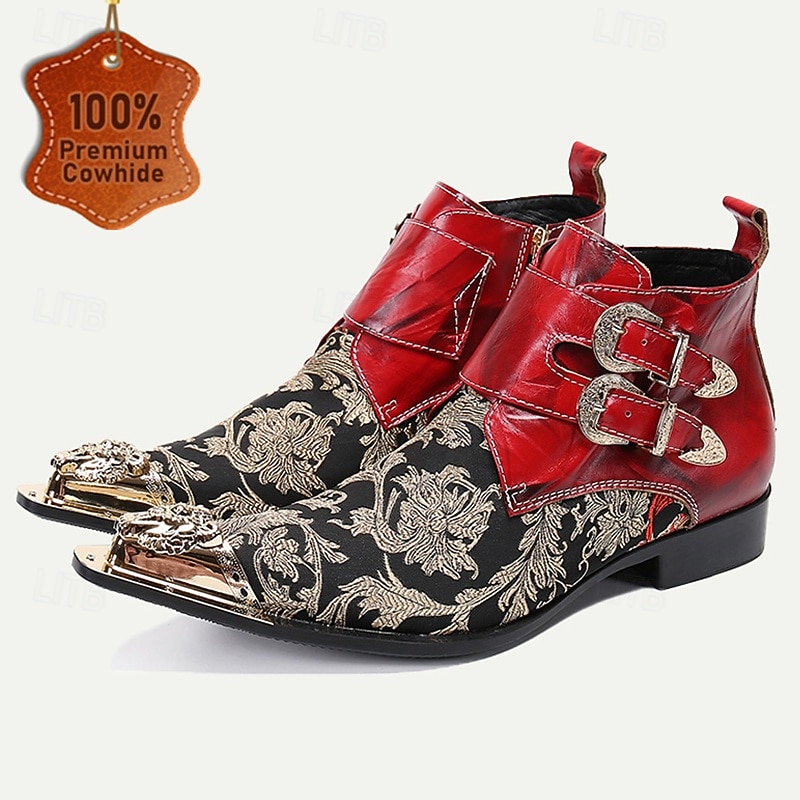Men's Floral Jacquard Leather Ankle Boots–Premium Cowhide, Red and Black Brocade Design with Gold Tip Double Buckle Straps and Gold-Tipped Decorative Toes
