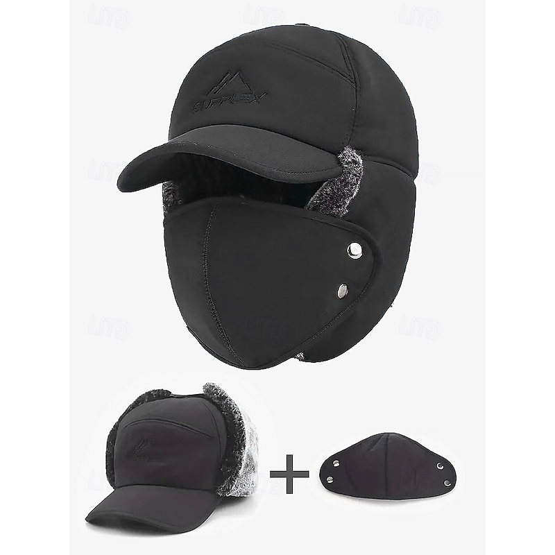 Men's Winter Thermal Insulated Cap with Detachable Face Mask - Windproof and Waterproof Earflap Hat for Outdoor Activities