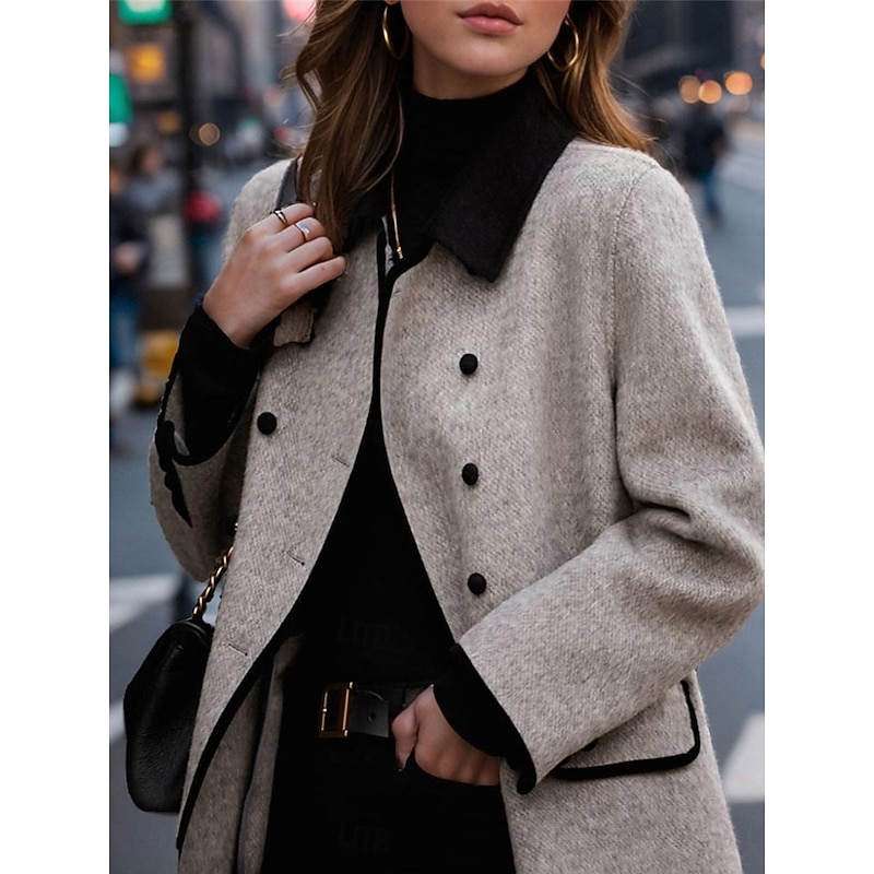Women's Coat Outdoor Street Daily Wear Fall Winter Long Coat Regular Fit Thermal Warm Breathable Stylish Casual Jacket Long Sleeve Plain Stripes and Plaid with Pockets Gray4
