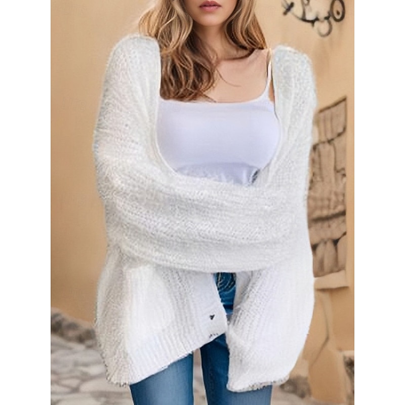 Women's Sweater Cardigan Casual Soft Pure Color Ribbed V Neck Buttons Knitted Long Sleeve Regular Tops Knit Outdoor Daily Weekend White Pink Fall Winter2