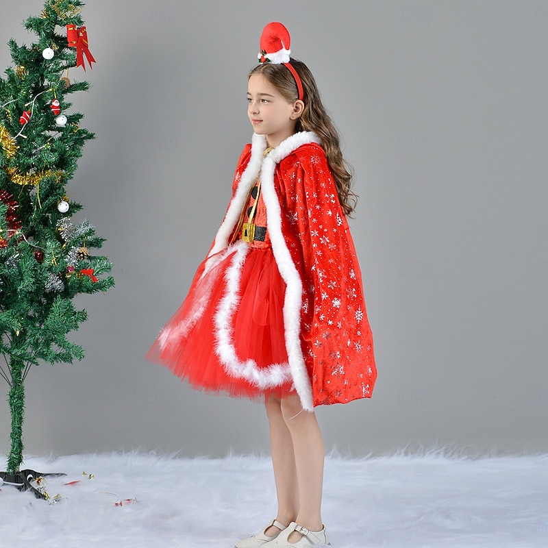 Santa Claus Mrs.Claus Outfits Tutu Santa Suits Girls' Cosplay Costume Kid's Christmas New Year Christmas Eve Christmas Party Dress Headpiece Cloak4