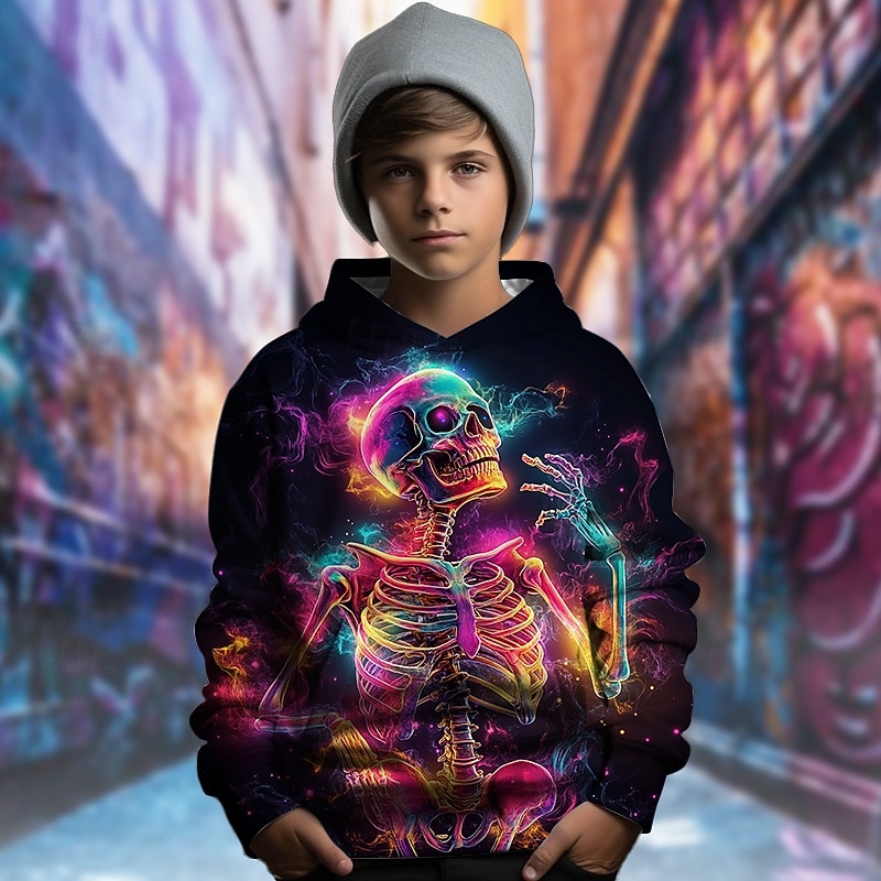 Boys 3D Graphic Skull Hoodie Long Sleeve Spring Fall Fashion Streetwear Kids 4-12 Years Hooded Outdoor Casual Daily Regular Fit4