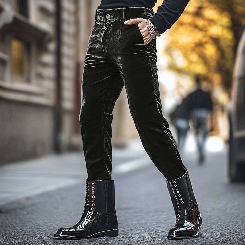 Men's Dress Pants Skinny Trousers Casual Pants Velvet Pants Pocket Plain Comfort Soft Full Length Party Daily Club Fashion Streetwear Black Red2