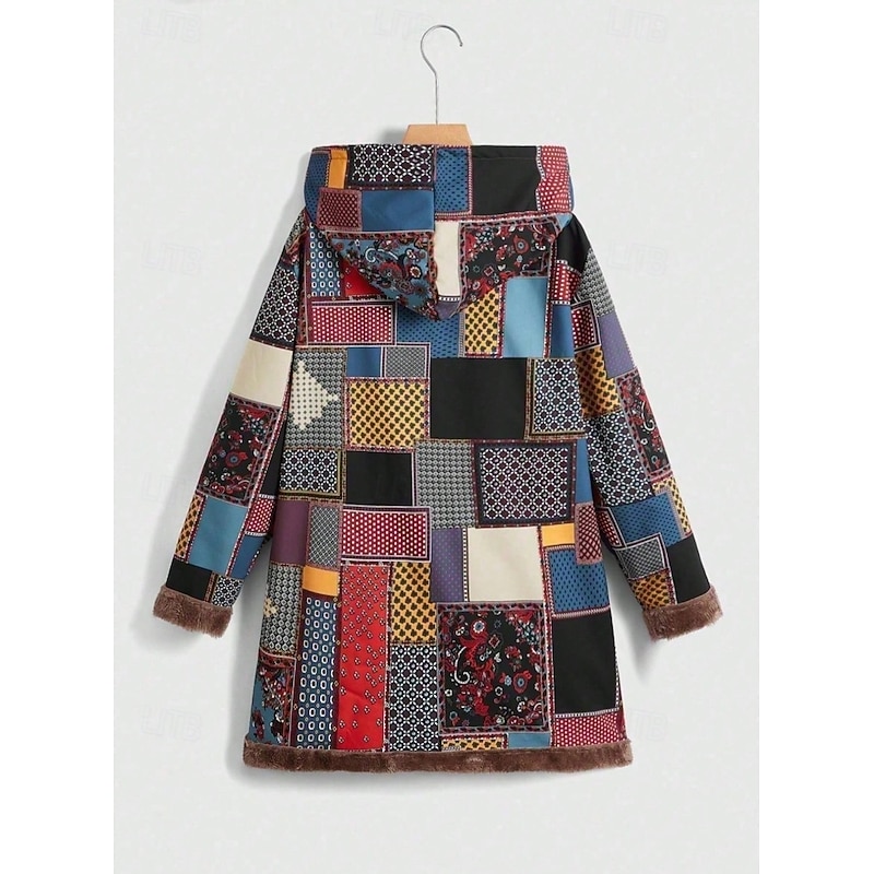 Women's Winter Coat Hoodie Jacket Outdoor Street Daily Wear Fall Winter Long Coat Regular Fit Thermal Warm Breathable Stylish Casual Jacket Long Sleeve Stripes and Plaid with Pockets Full Zip Red2