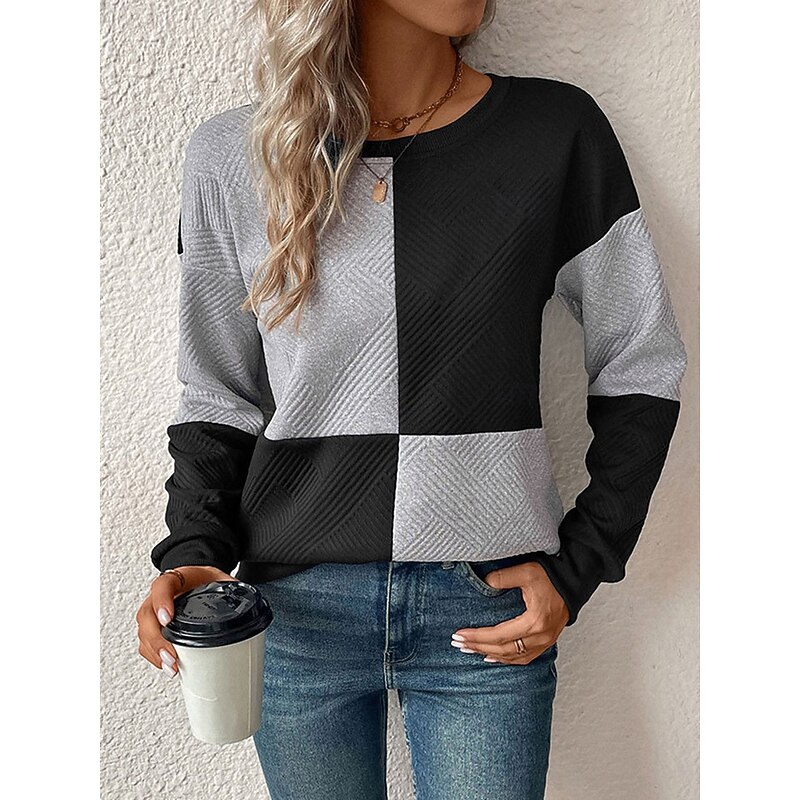 Women's T Shirt Plaid Fashion Modern Casual Long Sleeve Crew Neck Regular Tops Daily Weekend Print Black Navy Blue Gray Fall Winter3