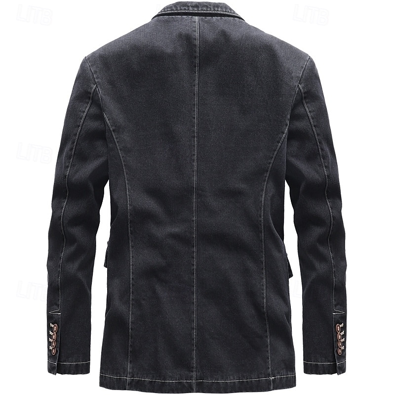 Men's Blazer Denim Jacket Vacation Casual Daily Wear Fashion Casual Spring &  Fall Polyester Denim Pocket Buttons Comfortable Single Breasted Blazer Black Grey3