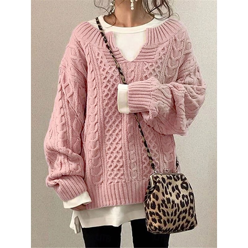 Women's Sweater Pullover Sweater Jumper Casual Soft Pure Color Cable V Neck Knitted Long Sleeve Long Tops Knit Outdoor Daily Weekend White Pink Fall Winter2